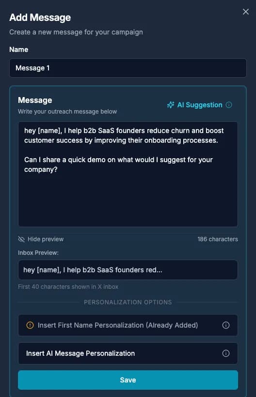 AI message generation interface with personalization options